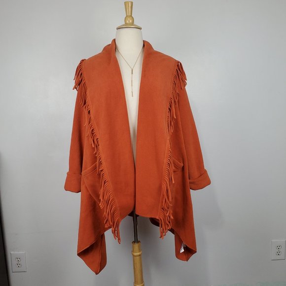 Woman Within Terracotta Fringe Detail Open Front Jacket Shrug Size 1X (22/24) - Picture 1 of 14